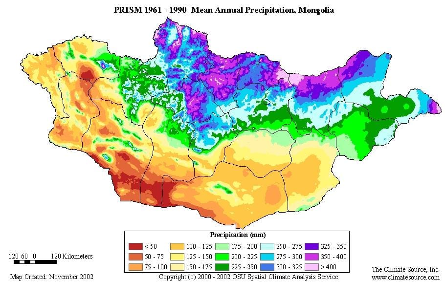 mapa Mongolska hustota obyvatelstva