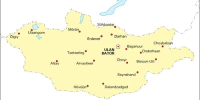Mongolsko mapa s městy